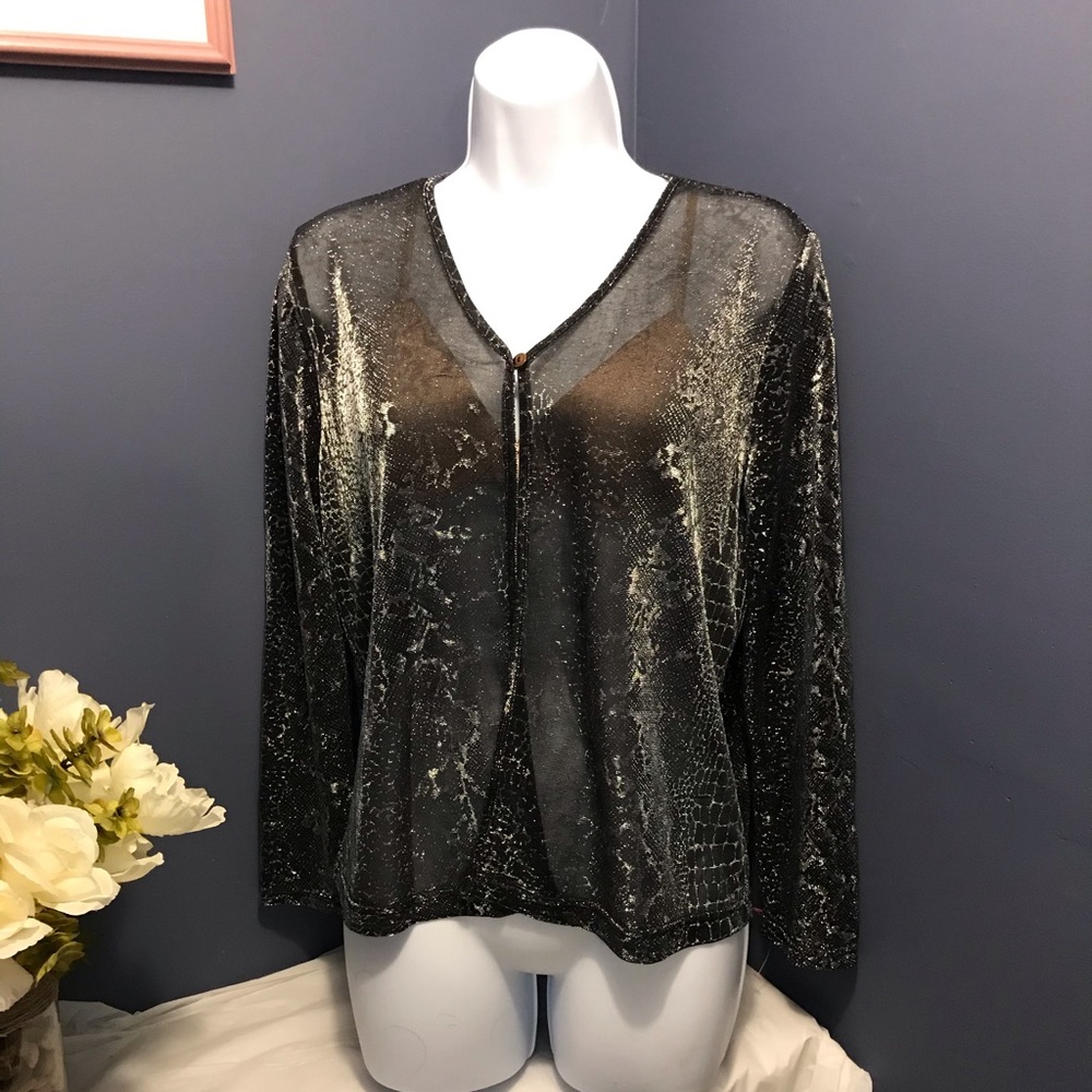 Vintage Fred David Metallic Cardigan Gold Black Shimmer Zip Front Size M